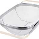 Over The Sink Colander, 6 Quarts Stainless Steel Oval Colander with Expandable Rubber Grip Handle, Fine Mesh Strainer Baskets Kitchen Colanders for Strain, Drain, Rinse Vegetable, Fruits, Beige (Large)