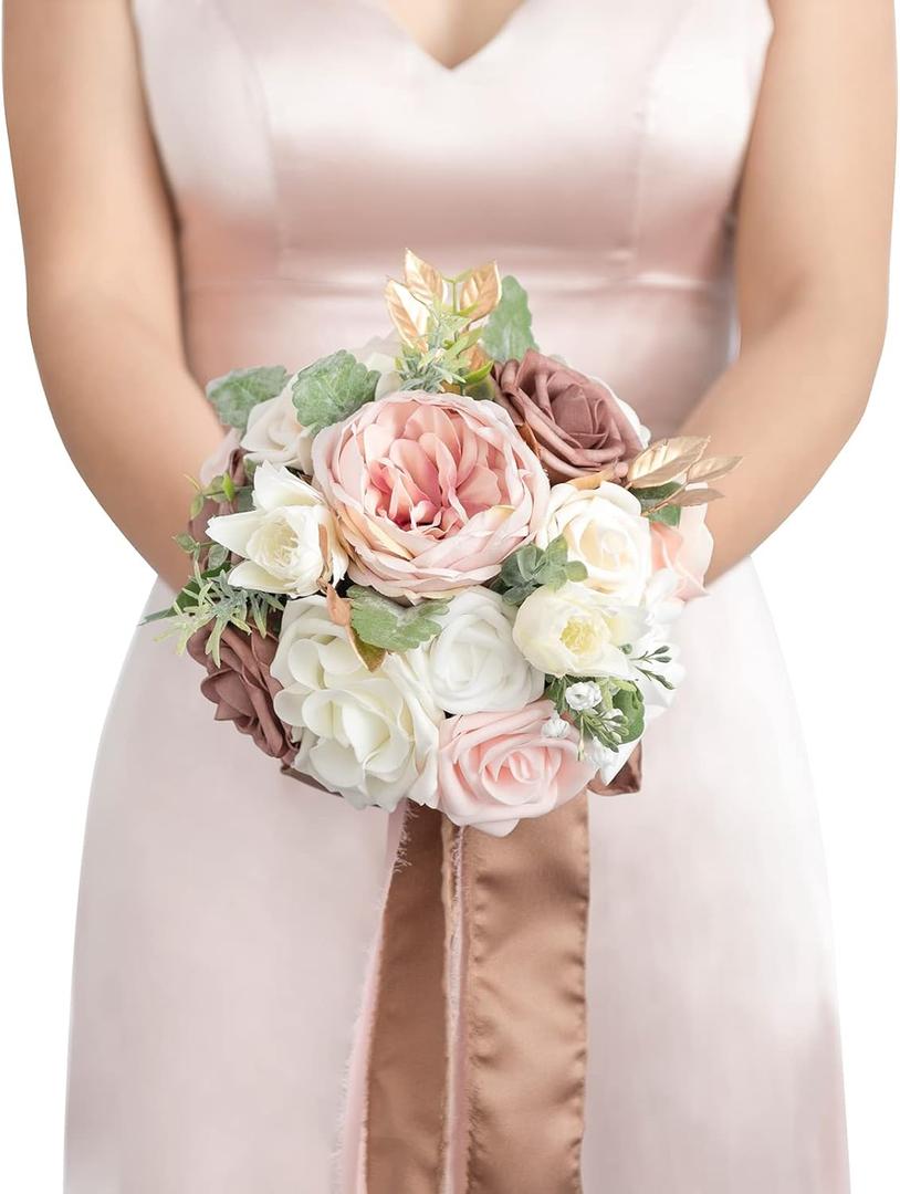 Ling's moment Dusty Rose Artificial Wedding Flower Bouquets for Bridesmaids Pink Floral Bouquet Blush Bridesmaid Bouquets with Ribbon Ceremony Anniversary,7-inch Diameter