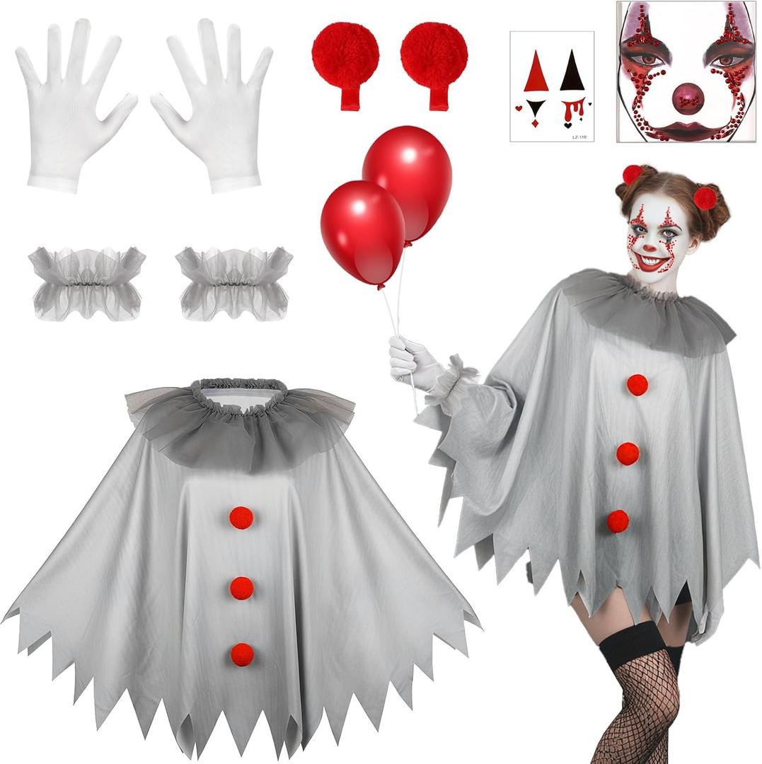 Beipegin Horror Clown Costume for Women and Children, Poncho Clown Collar Gloves Red Balloon Terrifier Joker Costume for Halloween Carnival Cosplay