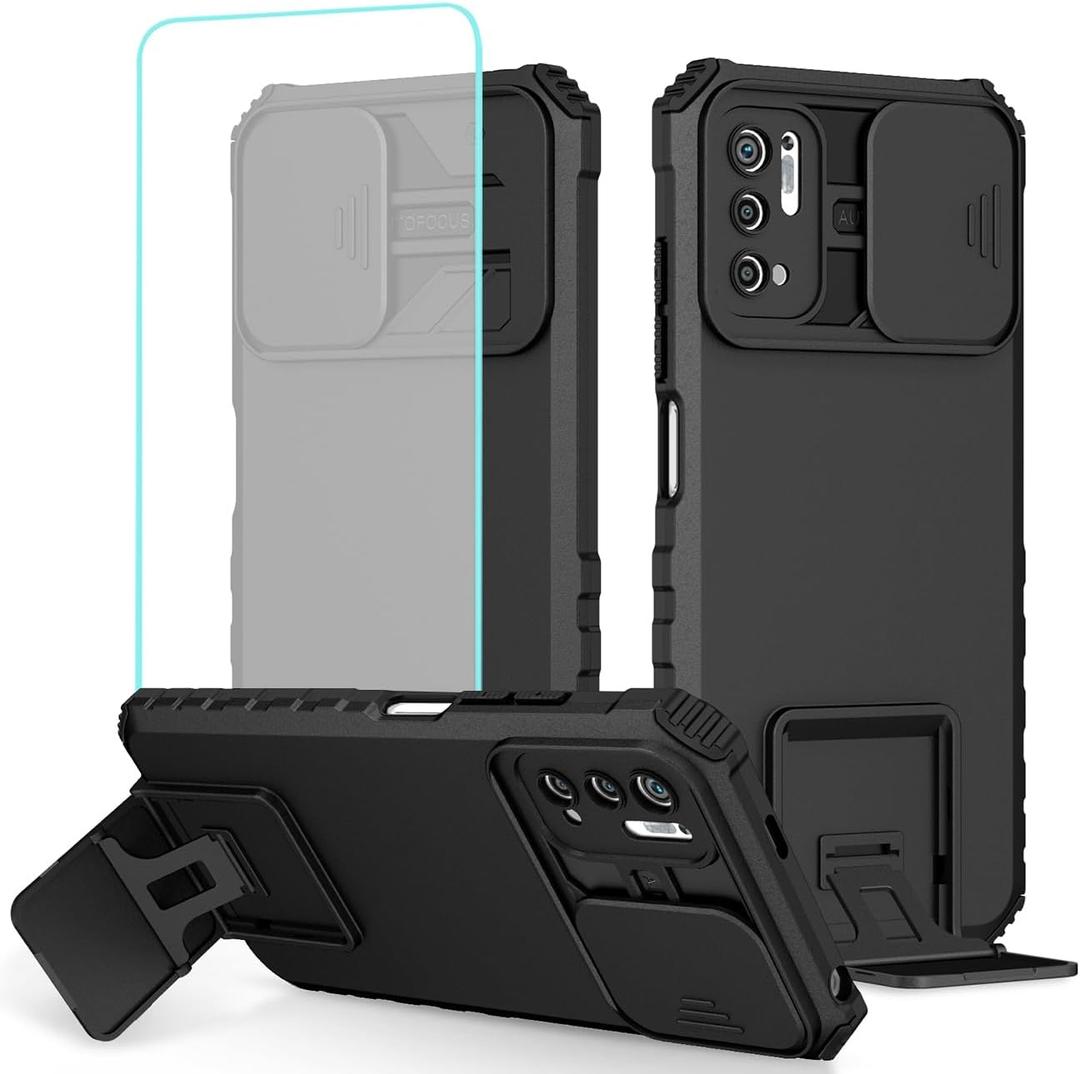 Case for Redmi Note 10 5G/Poco M3 Pro/Redmi Note11 SE 5G Case with Tempered Glass Screen Protector and Slide Camera Cover, Kickstand Protective Phone Cover for Xiaomi Redmi Note 10 5G Black