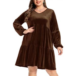 Women's Velvet Dress Long Sleeve Loose Flowy Swing Tunic Velvet Dress Plus Size Dress with Pocket (Brown, XL)