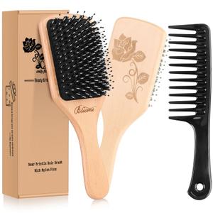 Bsisme Hair Brush-Boar Bristle Hairbrush with Detangling Pins Wooden Paddle Detangler Hairbrush for Women Men Reduce Frizz Dry Restore Natural Shine