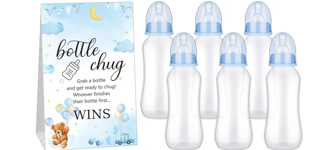 Cool Baby Shower Games Sets 6 Pcs Bottles with 1 Bottle Chug Sign for Gender Reveal Baby Shower Party Favors Decoration Games(Bear,Blue)