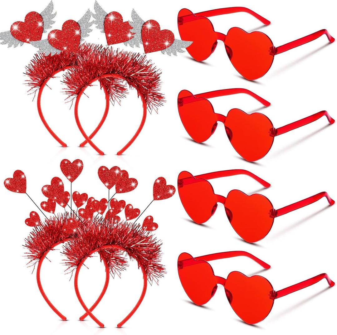 Riceshoot 8 Pack Heart Headband and Sunglasses Bulk Accessories Wedding Bachelor Party Photo Prop (Red)