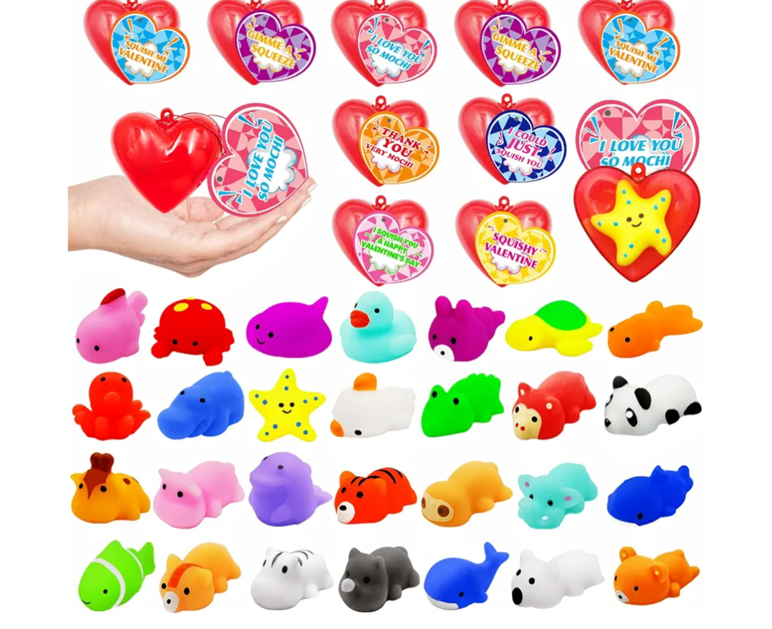 Pack Valentines Day Gifts for Kids ,Mochi Squishy Toys Filled Hearts Box with Valentine Cards Classroom Prizes Exchange Gifts Prizes Valentine Party Favors Valentines Day Gifts for Kids Boy Girl