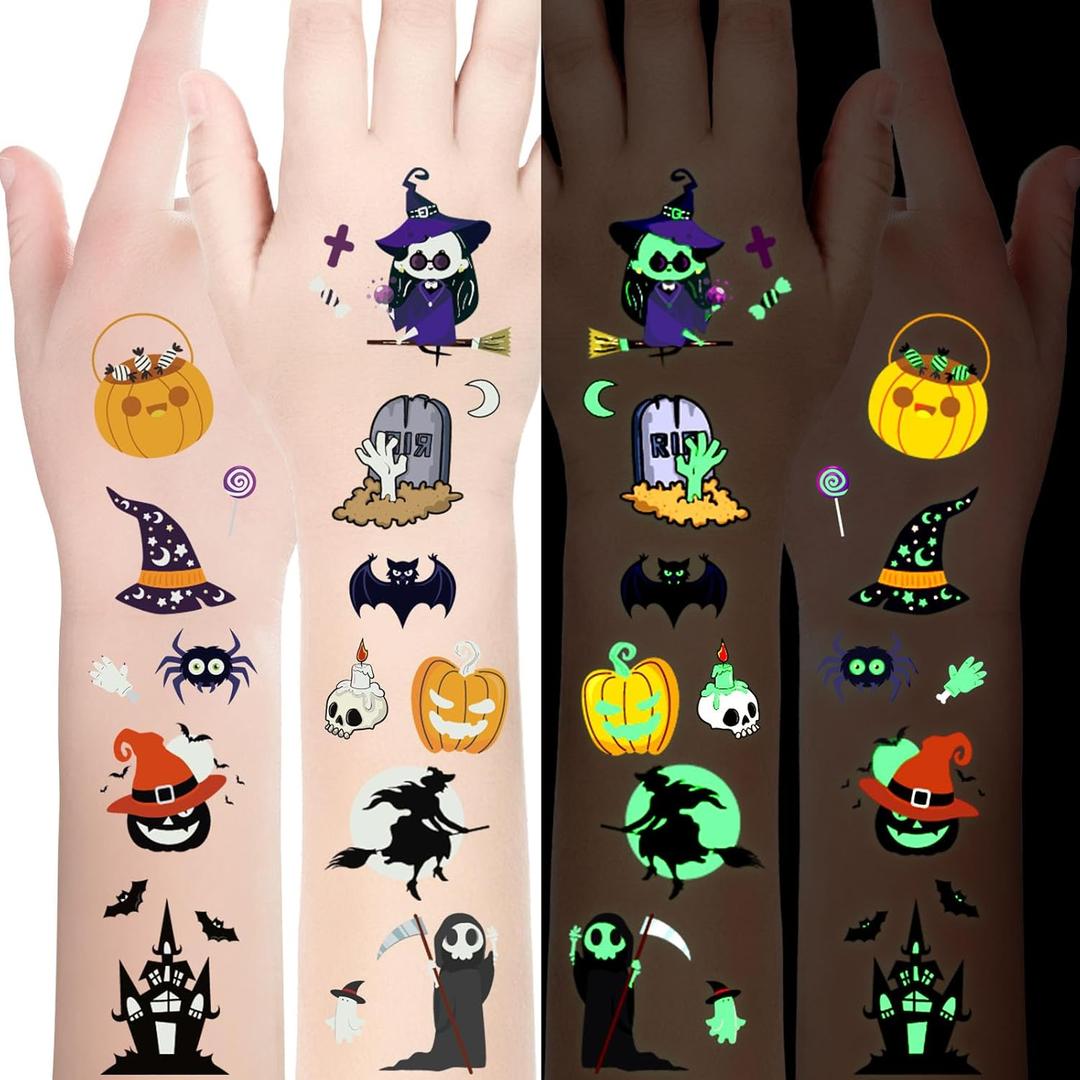 3 x Luminous Halloween Temporary Tattoos for Kids Halloween Party Favors, 10 Sheets Glow in The Dark Halloween Decorations Tattoos for Kids, 100 Styles Glow Tattoos Stickers for Goodie Bag Fillers
