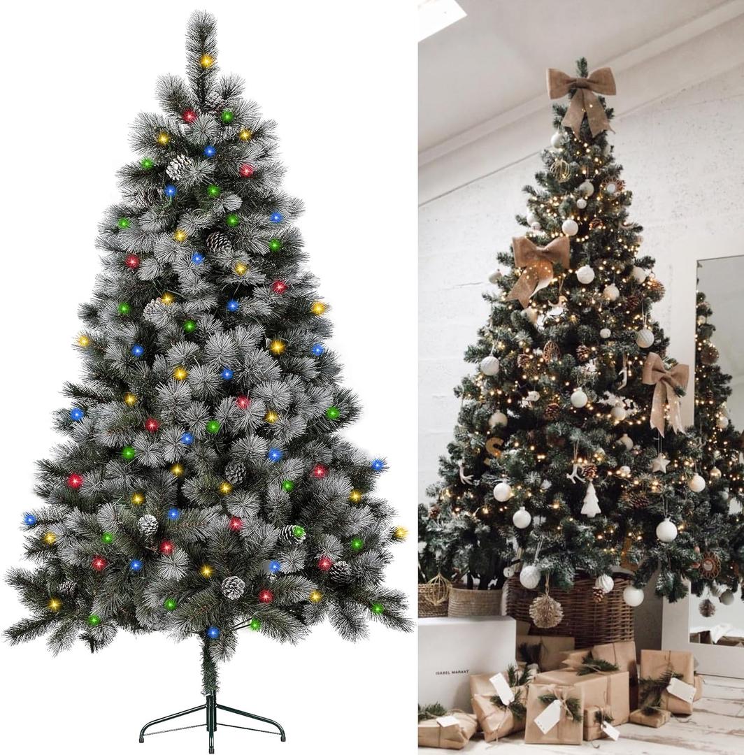 6.5Ft Prelit Classic Blue Spruce Artificial Christmas Tree with LED Lights, PE Needle Foliage, 'Feel Real' Artificial Christmas Tree with Timed Remote Control and Foot Switch Device, Christmas Decor