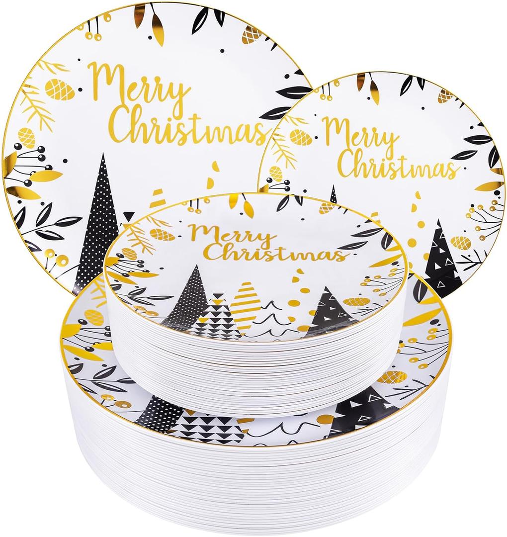 WDF 50 Pieces Christmas Plates Plastic - Black and Gold Plates with Christmas Tree include 25 Dinner Plates, 25 Salad Plates-Heavy weight Gold Disposable Plates for Christmas