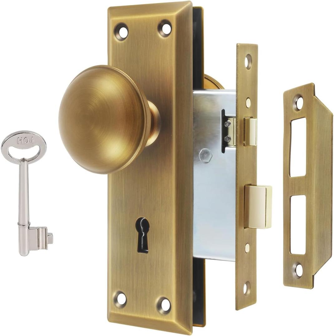 Mortise Lock Set for Interior Door, Vintage Antique Door Knobs with Lock and Skeleton Key, Old Door Knob Replacement Fits 1-3/8 in 1-3/4 in, Antique Brass Finish