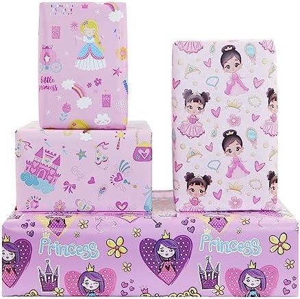 Princess Dressed in Pretty outfits On Pink Gift Wrapping Paper Flat Sheets (4-Sheets, 4-Designs: 15 sq. ft. ttl)-For Girls Baby Shower, Birthday, Christmas Holiday Gift Wrap, Princess Party Supplies and More, Set of 5
