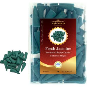 Yogic Mantra Fresh Jasmine Incense Cones | 60 Dhoop Cones | 1.5 Inch Size | Chameli Fragrance | Mogra Dhoop Batti | Aromatherapy Meditation Agarbatti Stick | for Diwali Pooja and Holy Puja Prayers