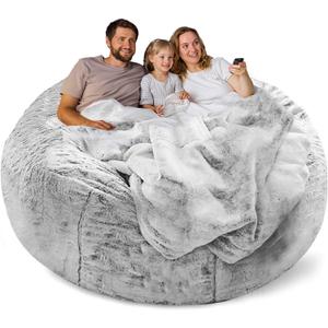 Bean Bag Chair Cover Without Filler,Big Round Soft Fluffy PV Velvet Washable Bean Bag Lazy Sofa Bed Cover for Adults,Living Room Bedroom Furniture Outside, 6ft Snow Grey (No Filler)