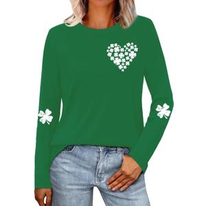 St Patricks Day Shirt for Women Lucky Shamrock T-Shirt Long Sleeve Irish Clover Heart Tee Top (Green, S)