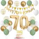 Sage Green White Gold 70th Birthday Balloons with Happy 70th Banner, Cake Decoration Number 70 Balloon for 70 Year Old Party Decor