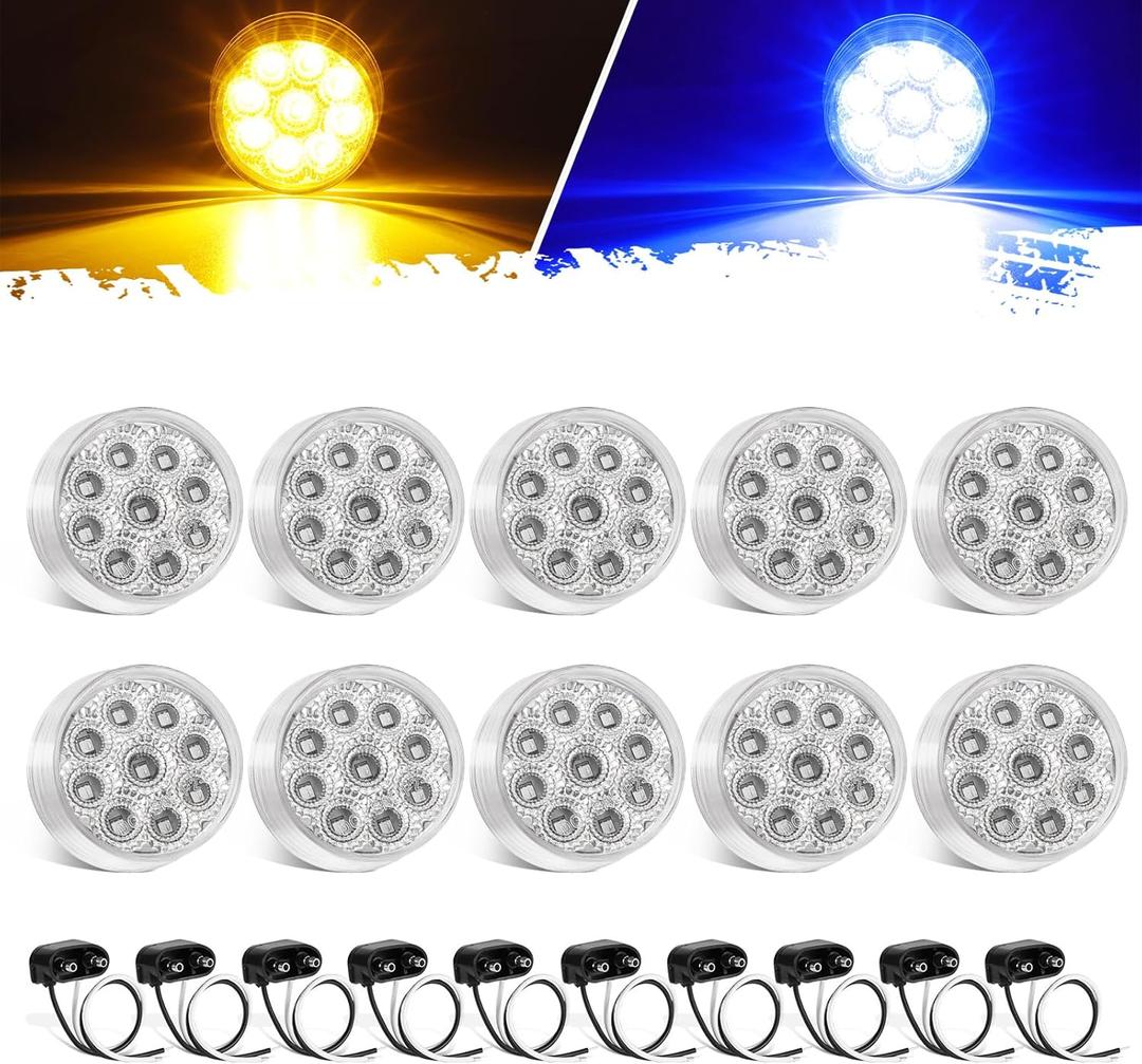 Partsam 10Pcs Dual Revolution 2 inch Round 9LED Marker Light, Amber Side Marker Clearance Lights to Blue Auxiliary Lights for Trailer Truck, Clear Lens,12V, Waterproof