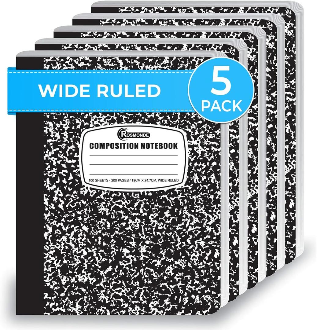Rosmonde Composition Notebook Wide Ruled 5 Pack, 200 Pages (100 Sheets), 9-3/4 x 7-1/2, Back to School Supplies, Notebooks for School, Office Supplies, Notebooks for Work, Wide Ruled Notebook