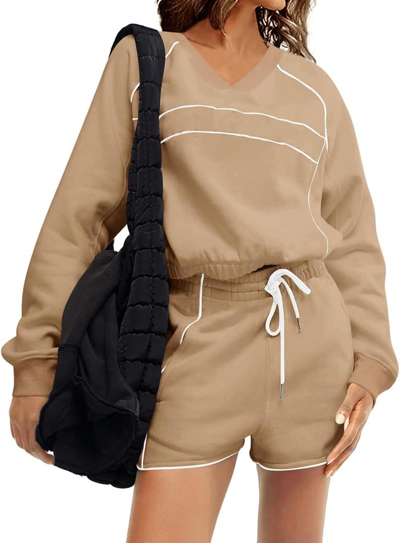 Fisoew Womens Sweatsuits 2 Piece Outfits V Neck Fleece Sweatshirts Contrast High Waisted Shorts Casual Tracksuits Lounge Sets (Brown)