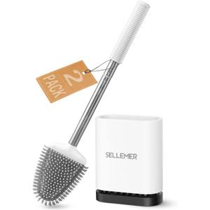 Sellemer Toilet Brush and Holder Set for Bathroom, Flexible Toilet Bowl Brush Head with Silicone Bristles, Compact Size for Storage and Organization, Ventilation Slots Base (2 Pack, White)