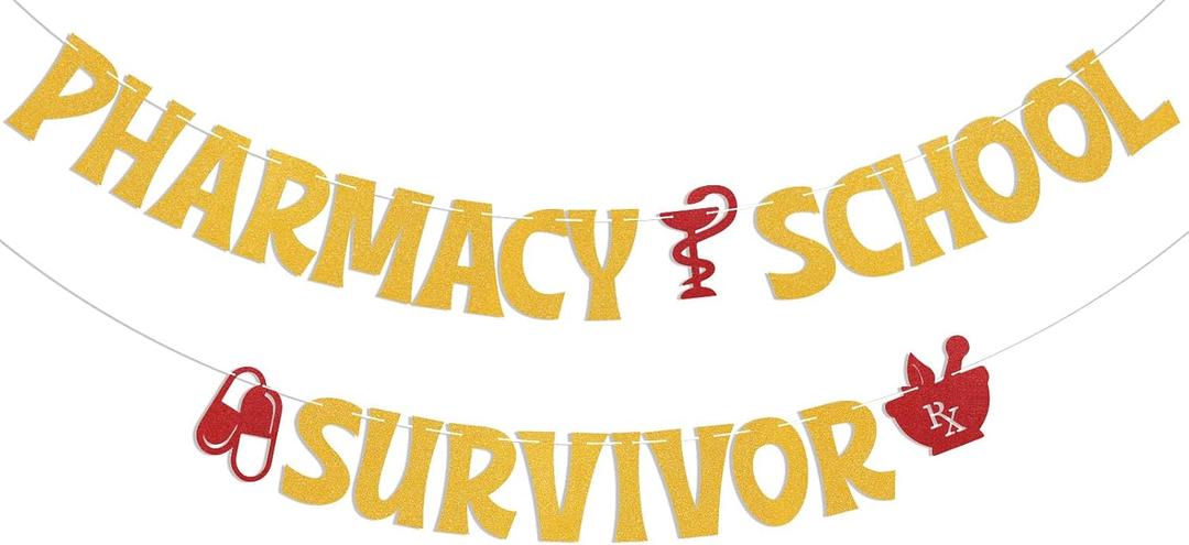 2 x Pharmacy School Survivor Banner - Congrats Pharmacist, Pharmacist Class of 2026 Decor, 2026 Pharmacy School Graduation Party Decorations Gold Glitter