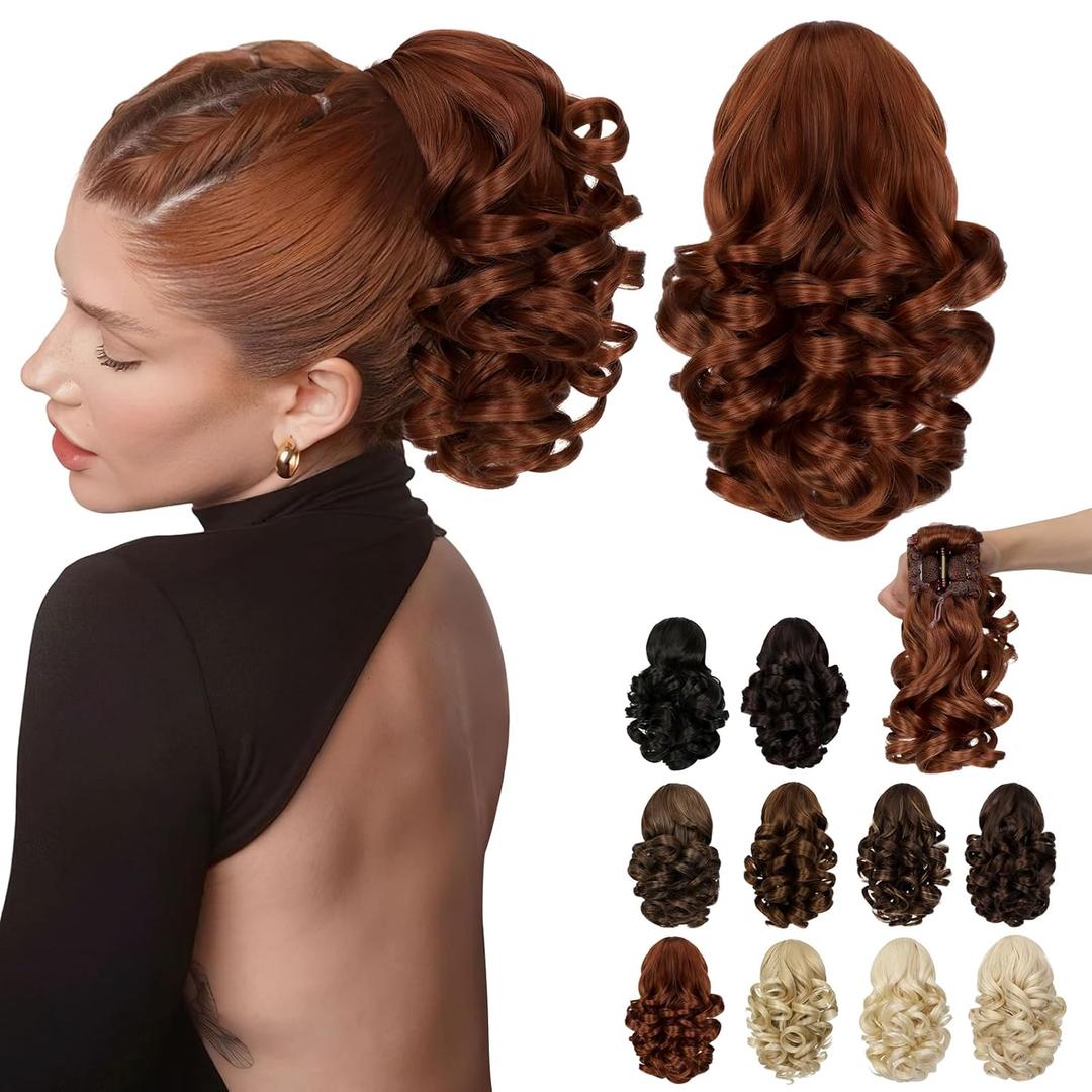 Ponytail Extension, 9" Short Claw Clip Ponytail Extension Curly Wavy Jaw Clip on Pony Tails Hair Extension Synthetic Hairpiece for Women, Copper Red