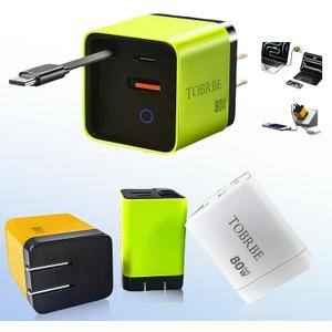 Tobre 3 in 1 GaN Charger, Scalable 80W Max Fast Charging Block with Retractable Type-C Cable & 2 USB Ports, All-in-One Wall Charger for iPhone 16/15/14, Galaxy S25, Pixel,Laptops (Green, 80)