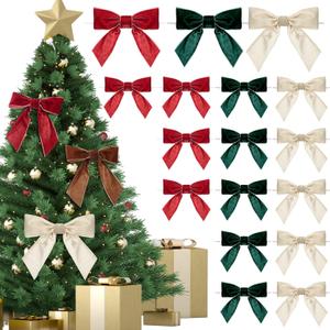 24 Pcs Velvet Christmas Bows for Christmas Tree 4.72" Rustic Crafts Gift Velvet Ribbon Twist Tie Bows for Xmas Wreaths Garland Gift Wrapping Wedding Decor (Red,Green,White)