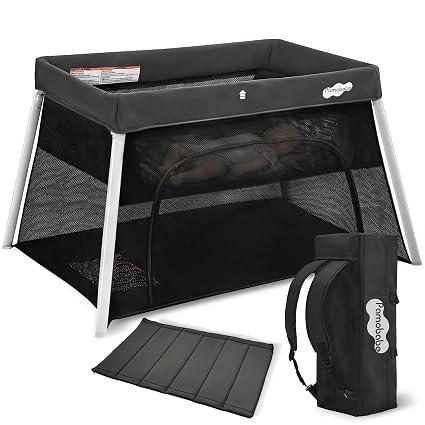Pamo Babe Travel Pack and Play, Foldable Portable Playpen with Mattress | Certified Baby Safe, Grey Playard with Zipper Door, Lightweight Baby Travel Bed with Backpack, Travel Crib for Outdoor Indoor