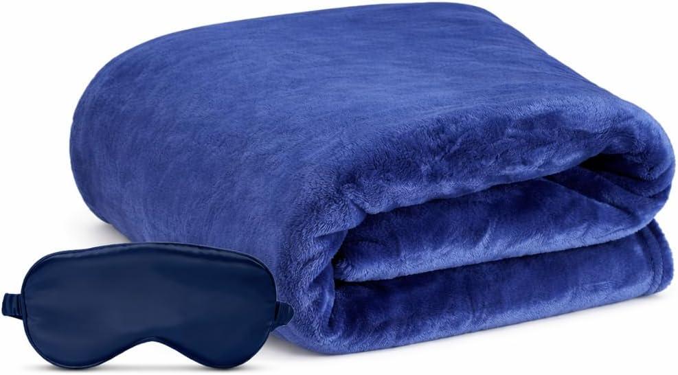 Travel Blanket, Airplane Blanket, Ultra-Soft, Warm & Lightweight, 65x40 in, Outdoor Blanket Essentials for Women, Men & Kids, Included Eye Mask, Luggage Sleeve & Backpack Clip Grey (Navy Blue)