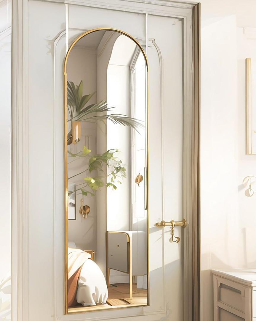 BEVERDY 14"x 48" Arched Vertical Wall Mirror, Gold Frame, Over The Door, Full Body, Hanging or Mounting, Modern Style