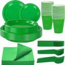WELLIFE 210 PCS Green Plastic Plates for 30 Guests - Disposable Dinnerware Set Including Dinner Plates, Dessert Plates, 12oz Cups, Cutlery & Napkins, Green Party Plates