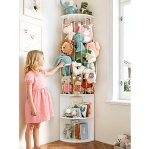 74.7" H Stuffed Animal Storage with 2-Tier Corner Bookshelf - Wall Mount Height Adjustable Plush Toy Organizer, Wooden Kids Bookshelf for Small Spaces Nursery Playroom Kids Room, White, Large