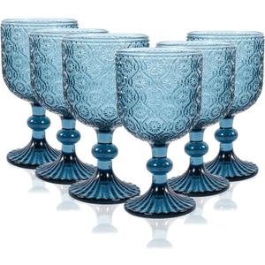 Colored Glass Goblet Set of 6, 14 oz Blue Goblets Glassware, Blue Vintage Glassware for Weddings, Parties, Restaurants, Family Gatherings, Bars, Cafeterias, Dishwasher Safe