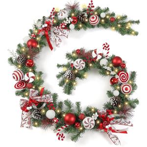 WBHome Pre-lit 9 Feet/106 Inch Christmas Garland Candy Shop Red & White Themed with 50 LED Lights Holiday Decorations, Battery Operated (Batteries NOT Included) 