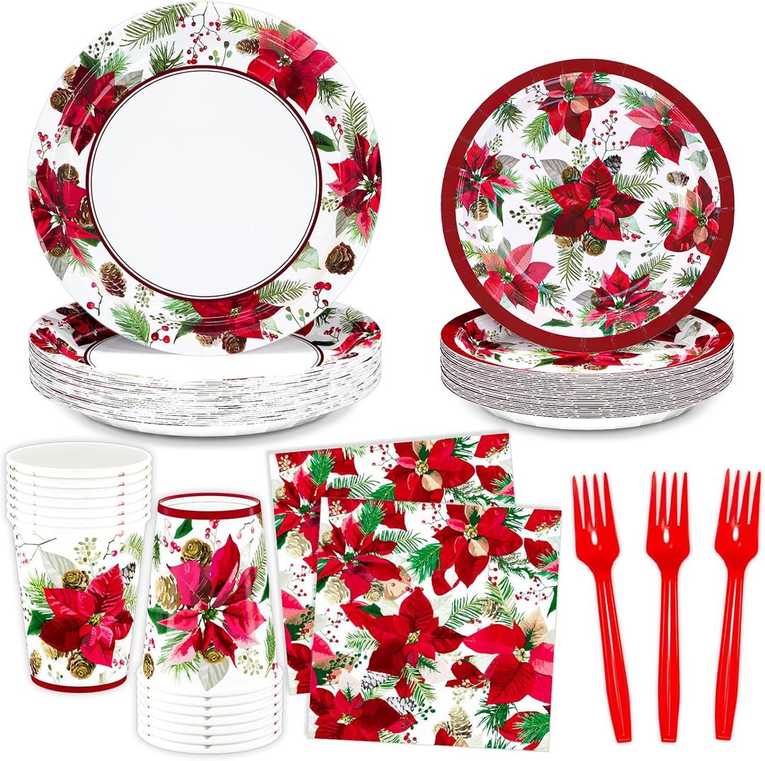 DYLIVeS Christmas Party Supplies, Christmas Poinsettia Flower Disposable Dinnerware Merry Winter Holiday Party Decorations family Xmas Paper Plates and Napkins Cups Forks Tableware Set, Serves 24