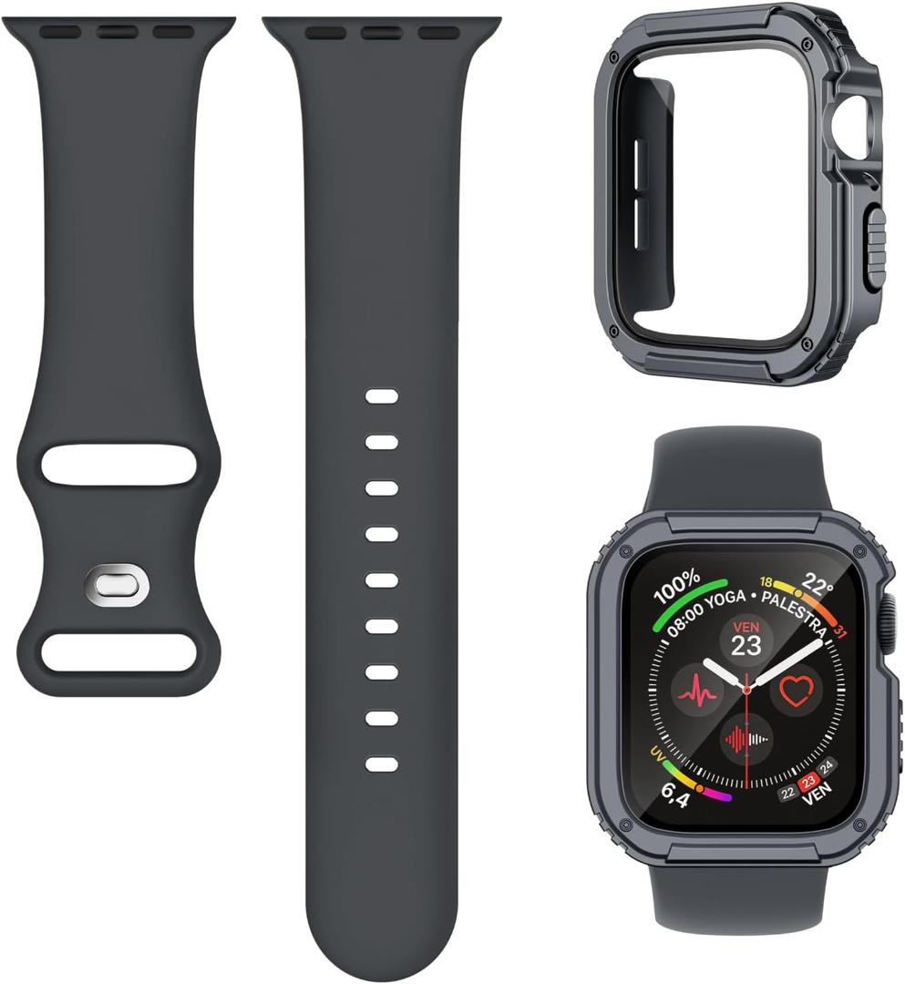 4 x 3-in-1 Silicone Band and Rugged Case Compatible for Apple Watch Bands 44mm 45mm 46mm 42mm 40mm 41mm, Sport Strap and Protective Cover with Screen Protector for iWatch Series 11 10 9 8 7 6 5 4 SE3