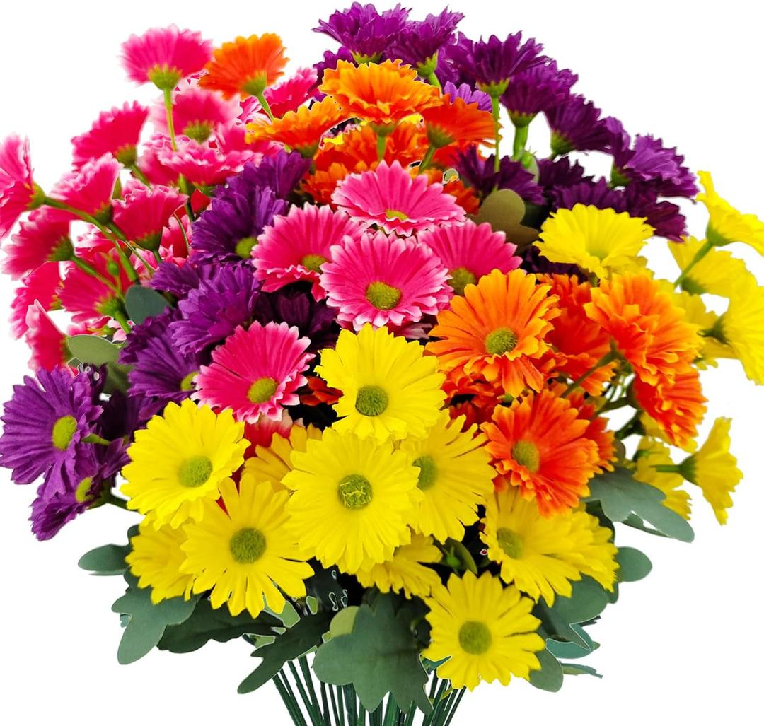 8 Bundles Artificial Silk Gerbera Daisy Flowers Fake Outdoor Bouquet Realistic Bulk Bouquet UV Resistant for Garden Front Porch Pots Home Indoor Table Vase Decoration (Multicolor)