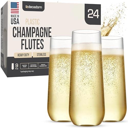 DECADORN Clear Stemless Champagne Flutes Plastic 24 Pack - 9oz Plastic Champagne Glasses - Durable and Sturdy Mimosa Glasses For Parties - Shatterproof, Recyclable, BPA-Free, Smooth Rims.