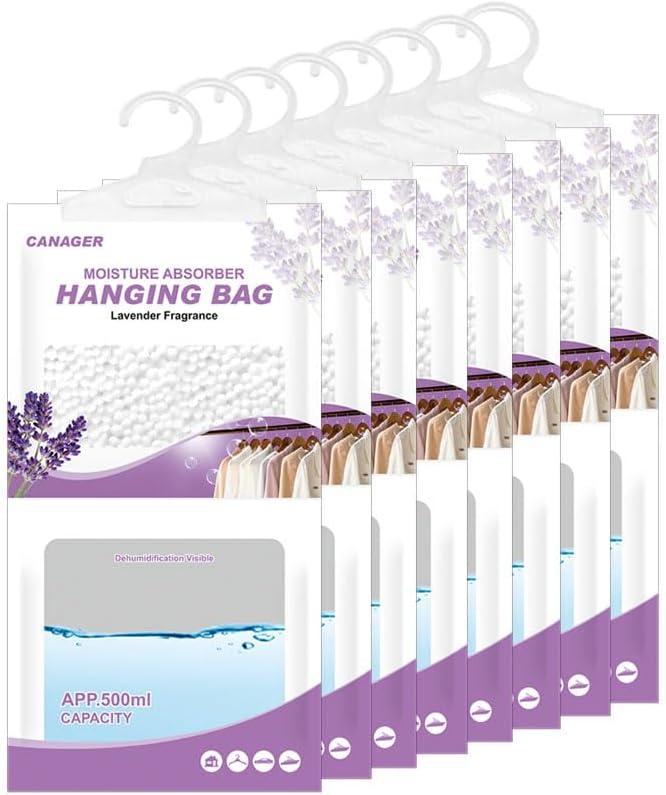 CANAGER Hanging Moisture Absorber, Lavender Vanilla Moistureproof Hanging Bag, Dehumidifier Bag (8 packs) Hanging Closet Dehumidifier Bags, Moisture Absorb 12.5 oz. (Dark Purple)