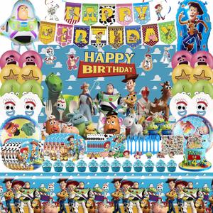 Cartoon Birthday Decorations, Cartoon Party Supplies - Happy Birthday Banner Balloons Plates Backdrop Cake Toppers Tablecloth Hanging Swirls Stickers