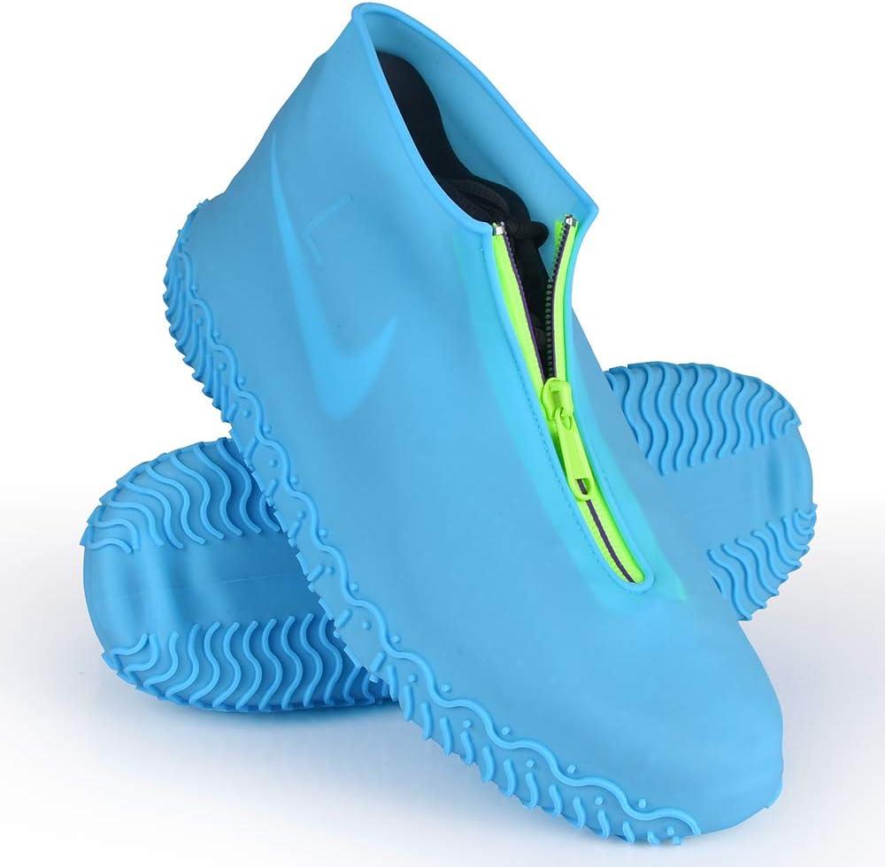 Shiwely Silicone Waterproof Shoe Covers, Upgrade Reusable Overshoes with Zipper, Resistant Rain Boots Non-Slip Washable Protection for Women, Men (L (Women 7.5-10.5, Men 6.5-9), Blue)