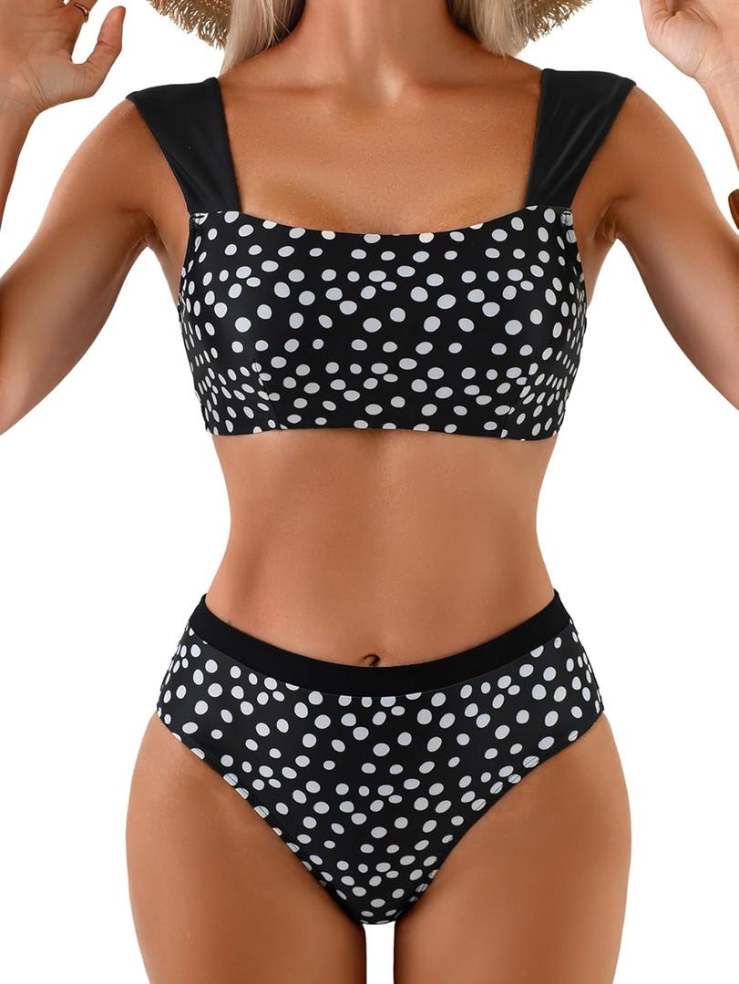 Eomenie Women's Square Neck Bikini Sets Wide Straps Two Piece Swimsuit Retro Mid Waisted Bathing Suit