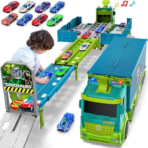 Carrier Truck Race Track Toddler Toys, Foldable 3 Layer Toddler Track Playset, Dinosaur Toy Truck Transport Car Carrier & 8 Race Cars, Truck Car Kids Toy Gifts for Age 3 4 5 6+ Year Old Boys Girls