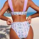 SweatyRocks Women's 2 Piece Swimsuits Frill Trim Tie Front Bathing Suit Wide Straps Floral Bikini Sets (Purple, L)