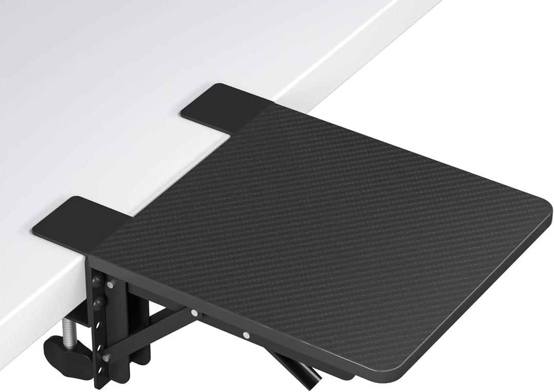 BONTEC Ergonomics Desk Extender Tray, 9.5"x9.1" Table Mount Arm Wrist Rest Shelf, 90 Foldable Elbow Arm Support, Clamp on Computer Arm Rest for Desk, Suitable for Office Desks (9.4"*9.1"(24cm*23cm), Black)