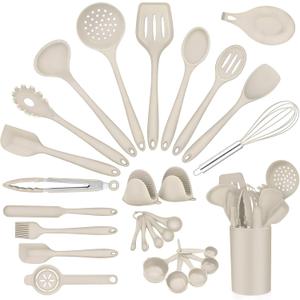 P&P CHEF Kitchen Utensils Silicone Cooking Utensil Set, 28Pcs Baking Utensils Spatulas with Holder, Heat-resistant & Non Toxic, Non-stick & Dishwasher Safe, Khaki