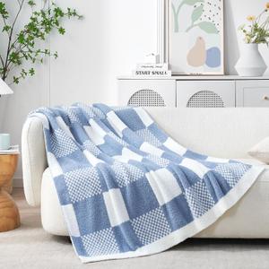 Snuggle Sac Checkered Blanket, Blue Throw Blanket for Couch Checker Microfiber Fluffy Warm Fuzzy Cozy Soft Throw Blanket Reversible Checkerered Blankets for Sofa, Chair, Bed, 60x80 inches