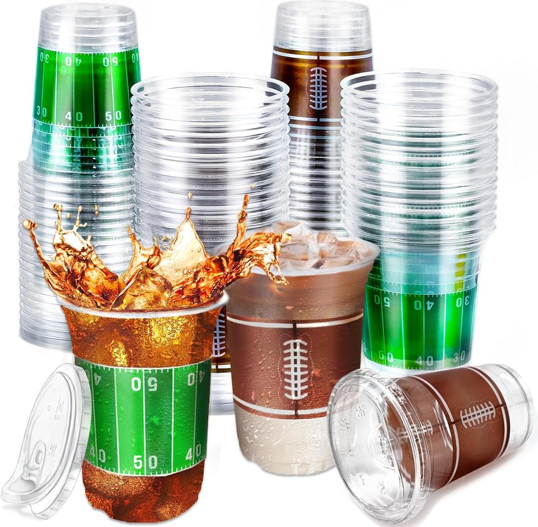 TURNMEON 50 Pcs 16 Oz Football Party Supplies Cups with Lids, Thickened Football Plastic Cup 2 Designs Disposable Spill-Proof Drinking Cups Sports Tailgate Events Party Favors Decorations