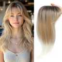 18 inch Hair Topper for Women with Bangs 3D 360 Cover Fluffy Toppers Synthetic Long Straight Hair Toppers Thinning Hair Pieces Clip in Bangs with Topper Rooted Light Brown with Blonde Highlights