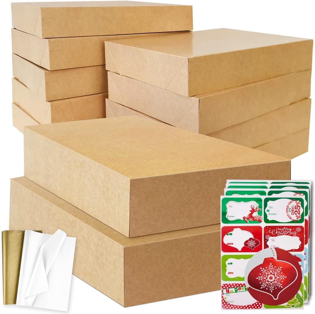 12 Kraft Extra Large Gift Wrap Boxes Bulk with Lids, 12 Tissue paper and 80 Count Foil Christmas Tag Stickers for Wrapping Oversized Clothes (Robes, Sweater, Coat, Shirts) and Xmas Holiday Present