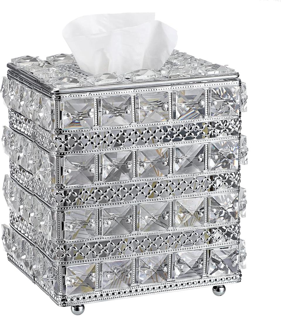 Sumnacon Crystal Square Tissue Box Cover - Sparkling Cube Glass Tissue Box Holder, Decorative Facial Tissue Holder for Bedroom Bathroom Dresser Night Stand Table Countertop Home Decor, Silver